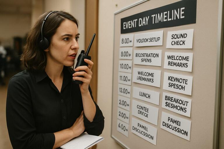 Event day coordination with intercom and timeline board
