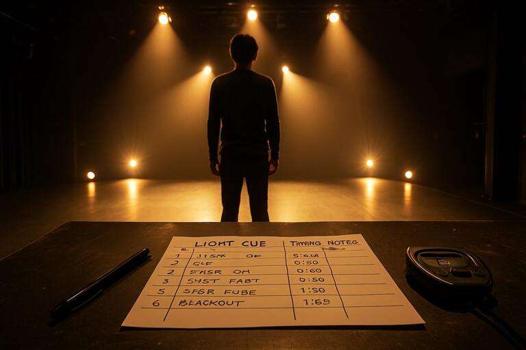 Stage rehearsal with light cues and timing notes