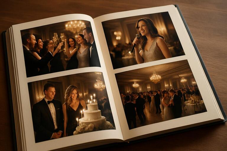 Printed photo album and USB drive on linen