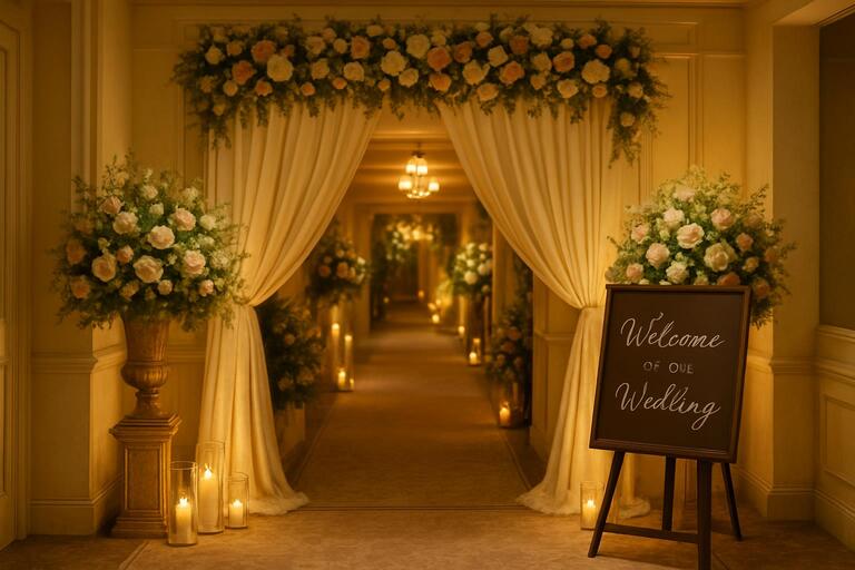 Couple entering through a warm arch while ushers guide guests