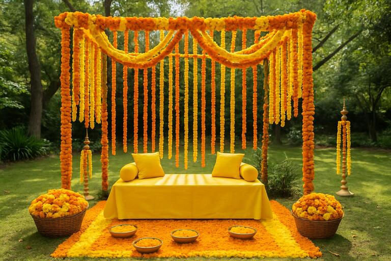 Haldi courtyard with shaded seating and marigolds