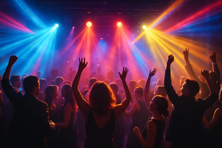 Crowd under soft wash lighting, faces bright and relaxed