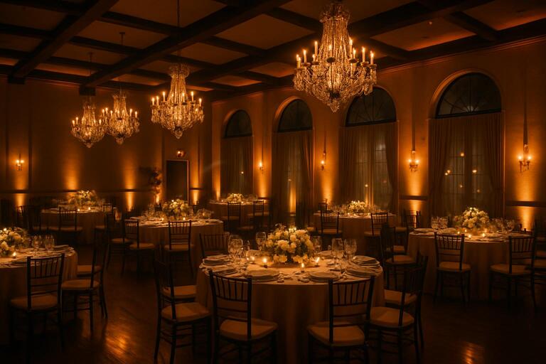 Evening lights glowing above a dance floor