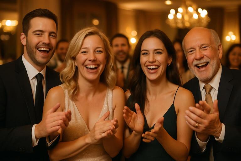 Guests smiling under confetti glow
