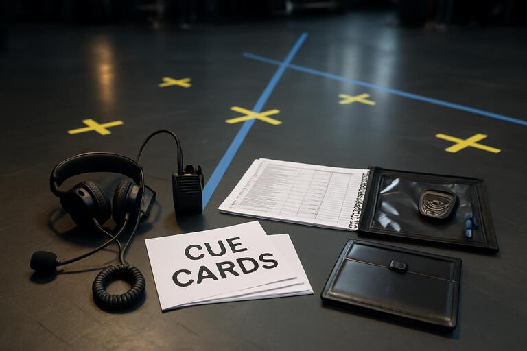 Stage cue test with light marks and headset