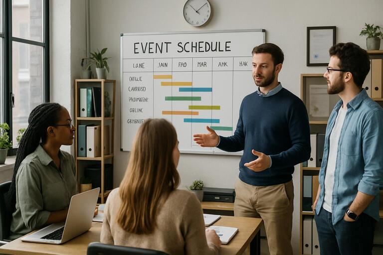 Morning stand-up with timeline on whiteboard
