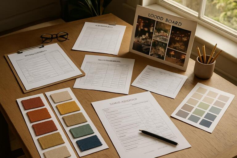 Studio worktable with swatches and cue notes