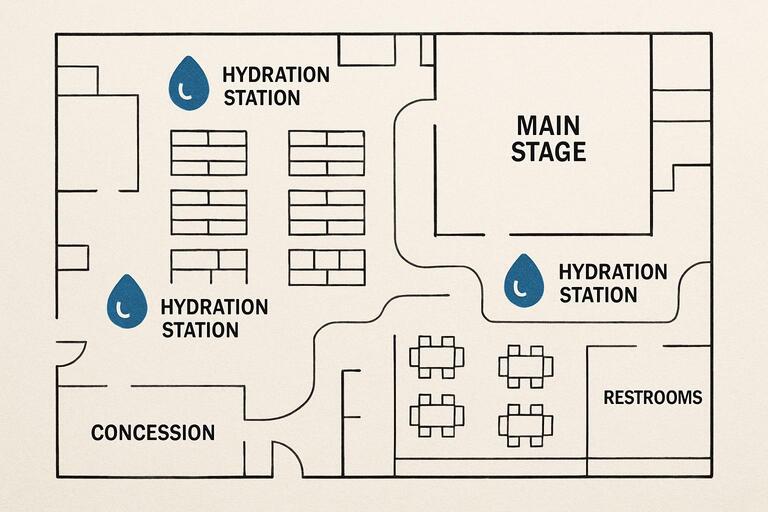 Plan view with hydration stations and guest paths marked