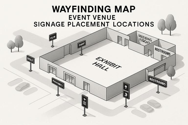 Wayfinding signage mock with bilingual labels