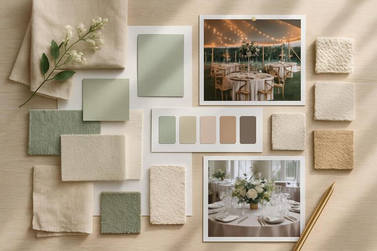 Moodboard table with fabrics and palette chips