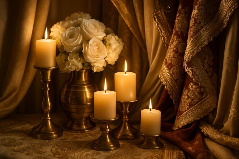 Decor detail with brass, candles and soft textiles