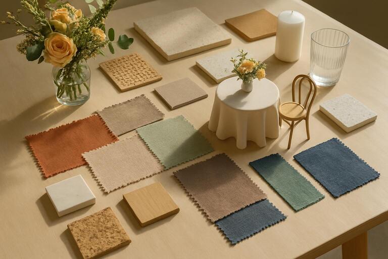 Prototype table with sample boards and fabrics