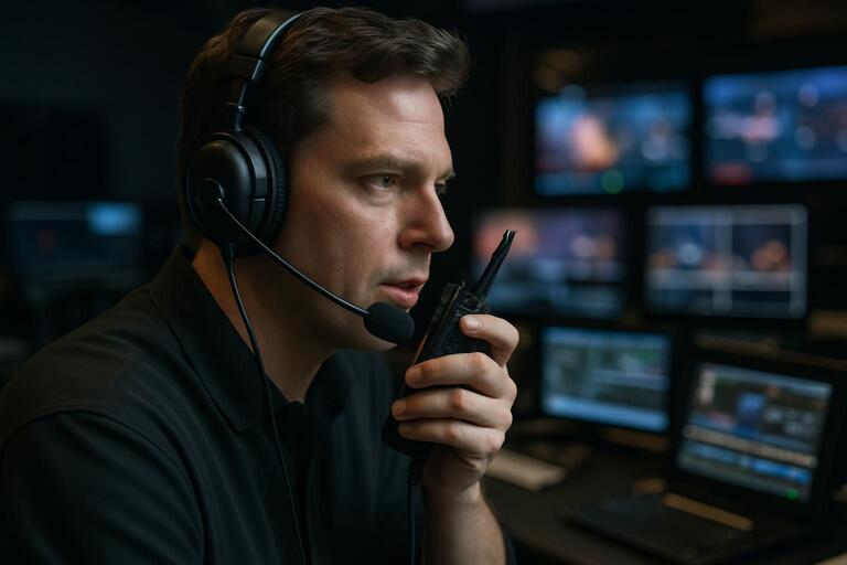 Show caller checking cues with handheld radio