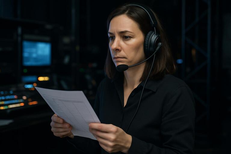 Show caller wearing headset and holding cue cards