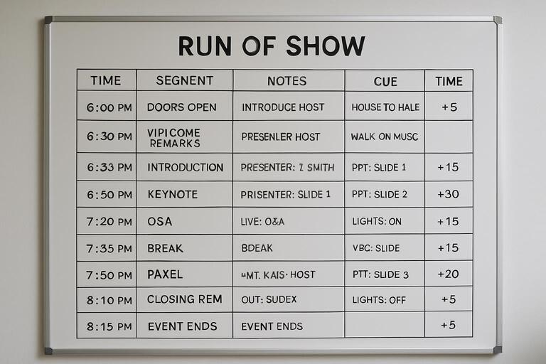 Run-of-show whiteboard with color-coded segments