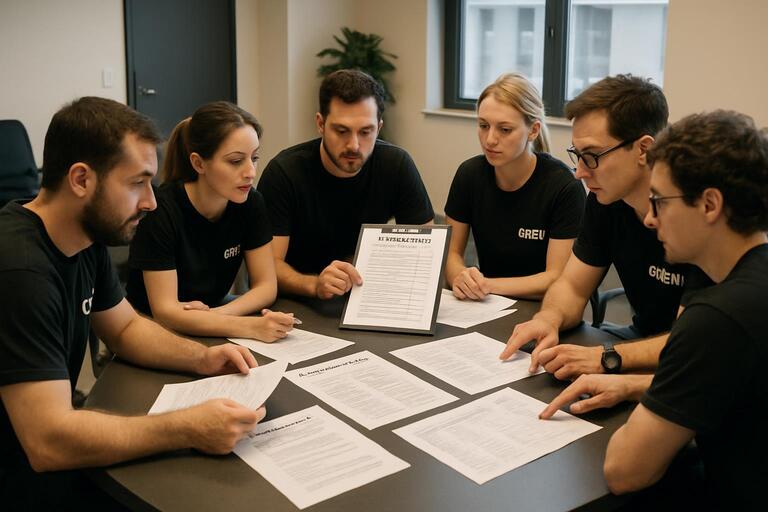 Morning crew brief with smiles and whiteboard