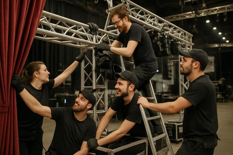 Rig team fixing truss with safety lines