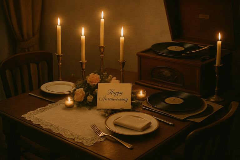 Vintage anniversary dinner with candles and records