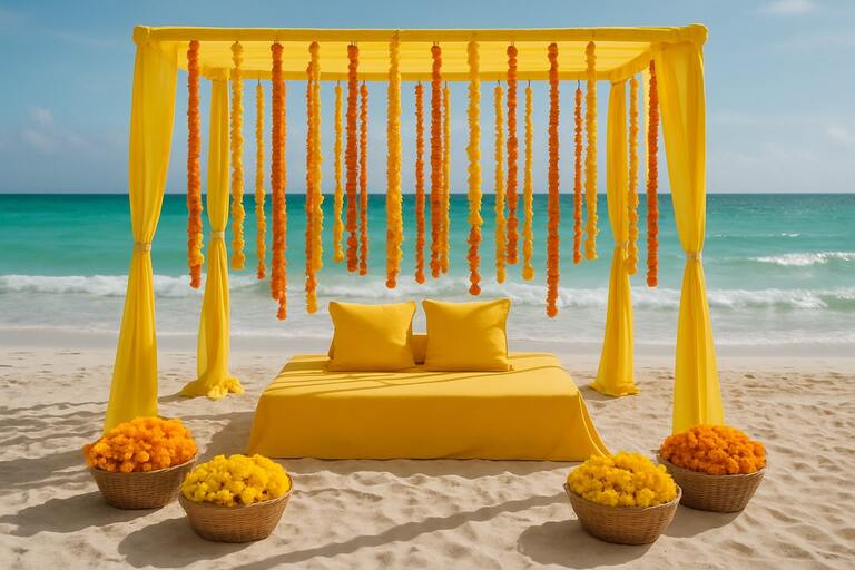 Coastal haldi setup with marigold strings and sea breeze vibe