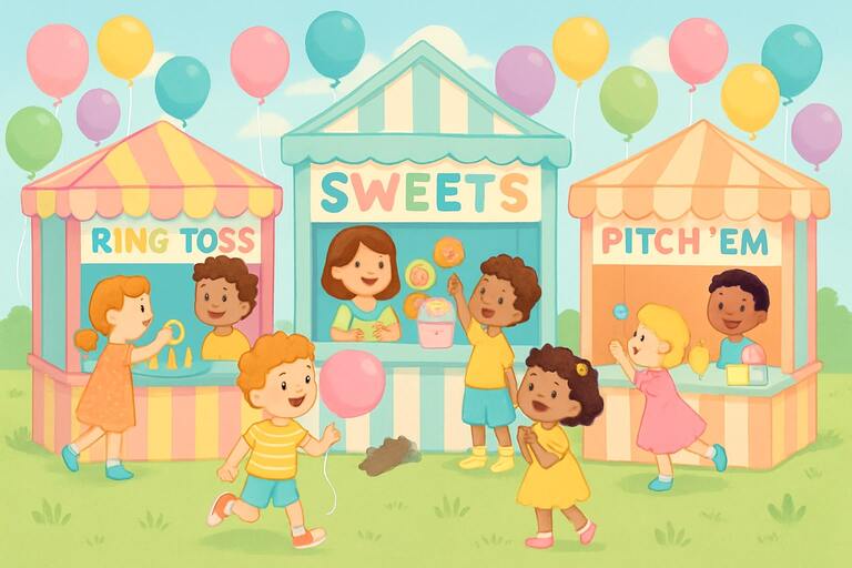 Kids’ carnival with pastel booths and balloons