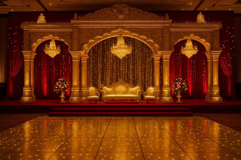 Royal sangeet stage with shimmering lights and dance floor